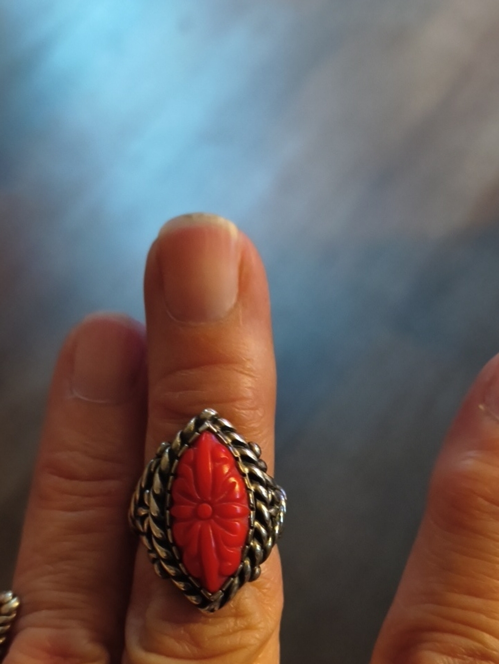 Carolyn Pollack Silver-Tone Ring with Red Carved Floral Stone